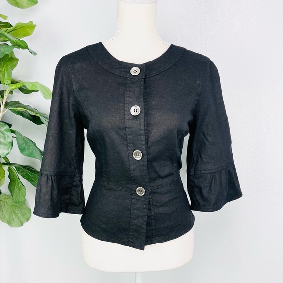 SANDRO Sportswear Black Linen Blend Peplum Button Down Jacket Blazer - Picture 1 of 6